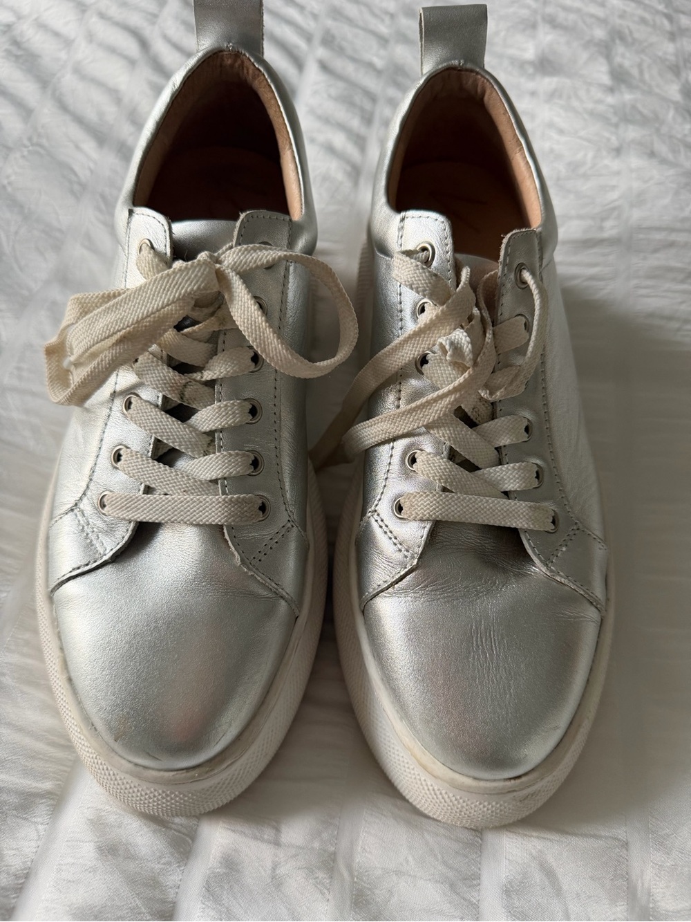 Metallic Silver Platform Lace-Up Sneakers for Women